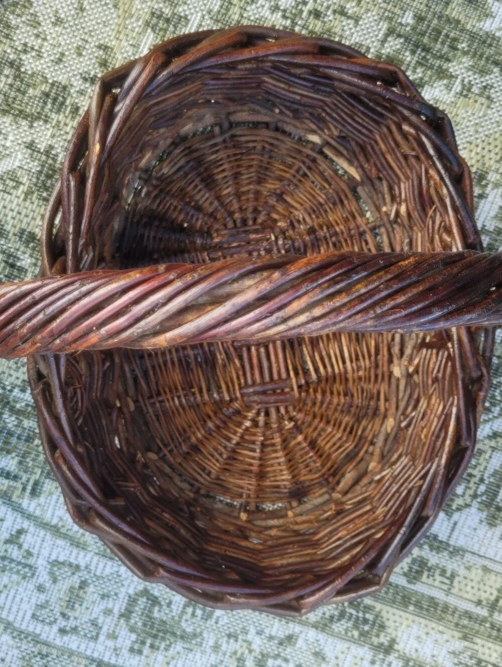 Large Dark Willow Gathering Basket with Arched Twisted Handle Handmade Vintage